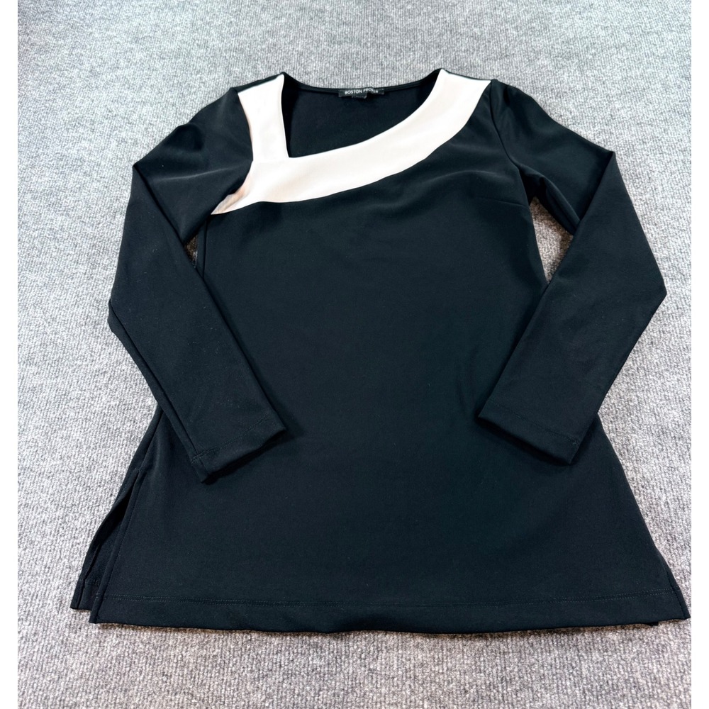 Boston Proper Black White Asymmetric Neckline Colorblock Tunic Top XS